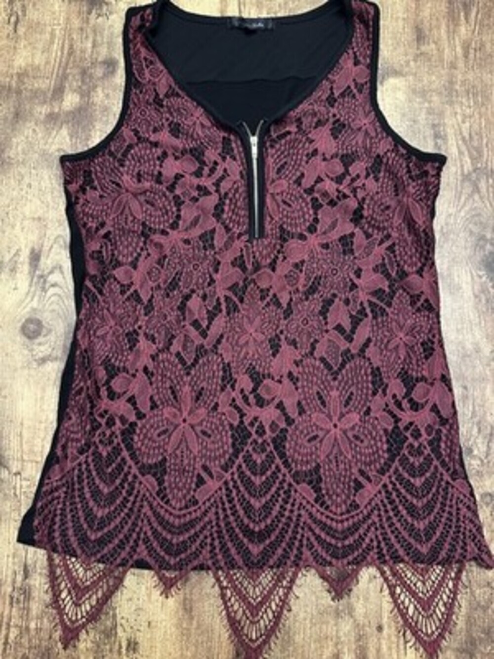 Sloane & Sadie Burgundy Floral Lace Overlay Sleeveless Top with Quarter-Zip